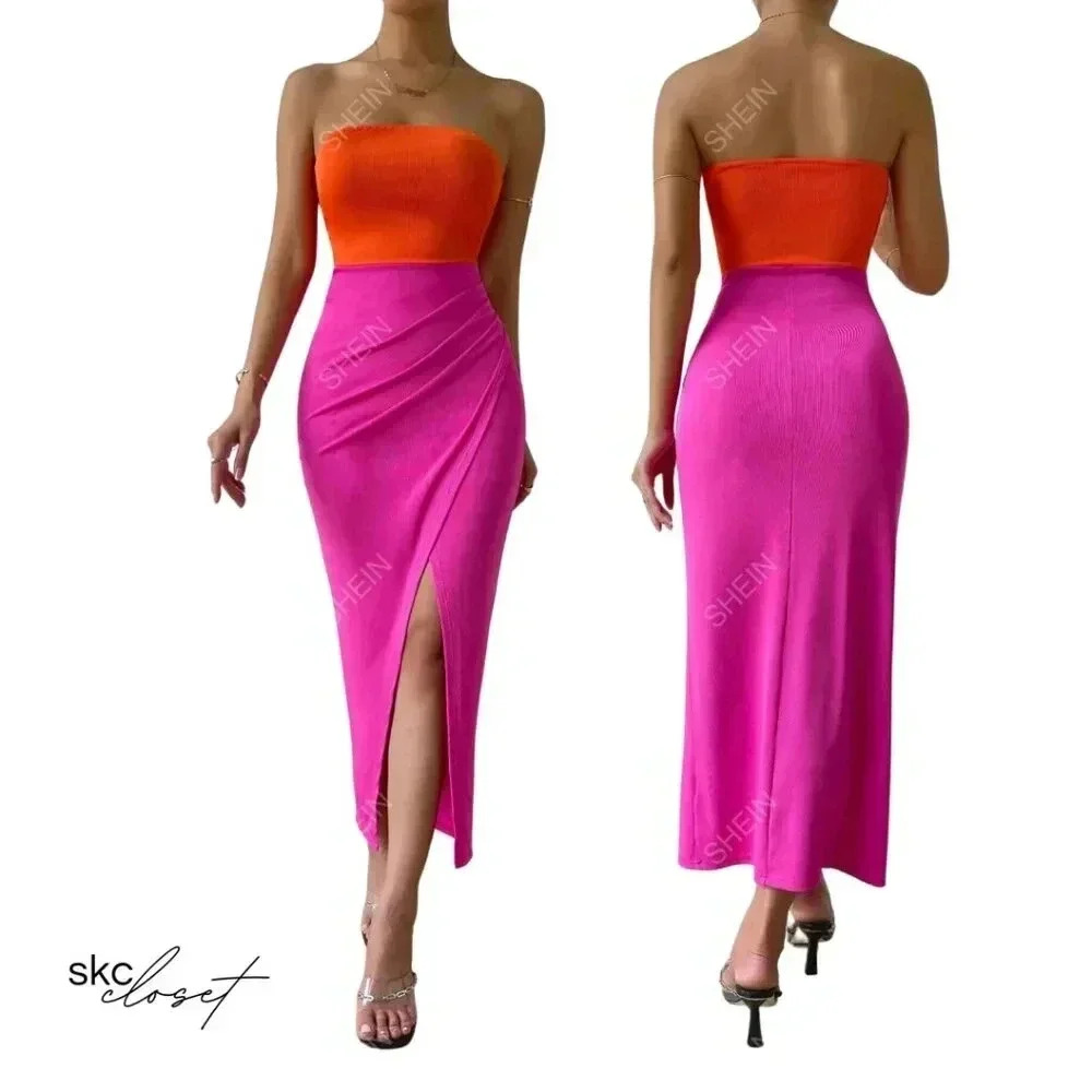 SHEIN BAE Two-Tone Slit Thigh Rib-Knit Tube Dress, Pink/Orange, XS